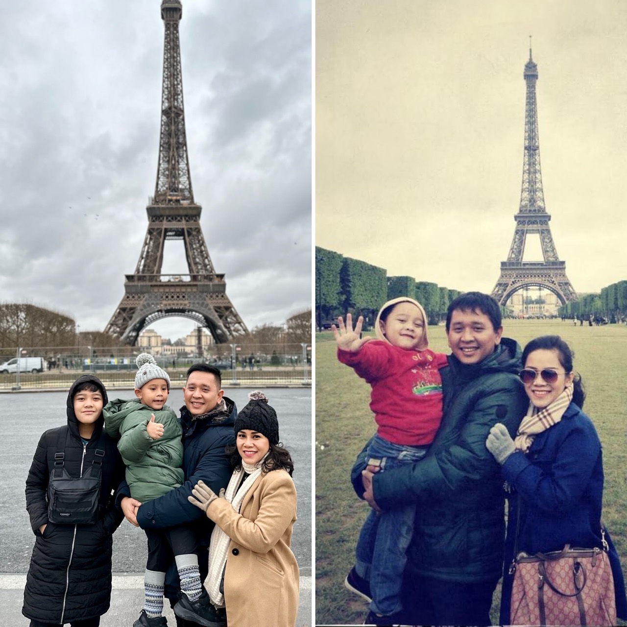 Kolase keluarga di Menara Eiffel ketika bertiga dan setelah menjadi berempat