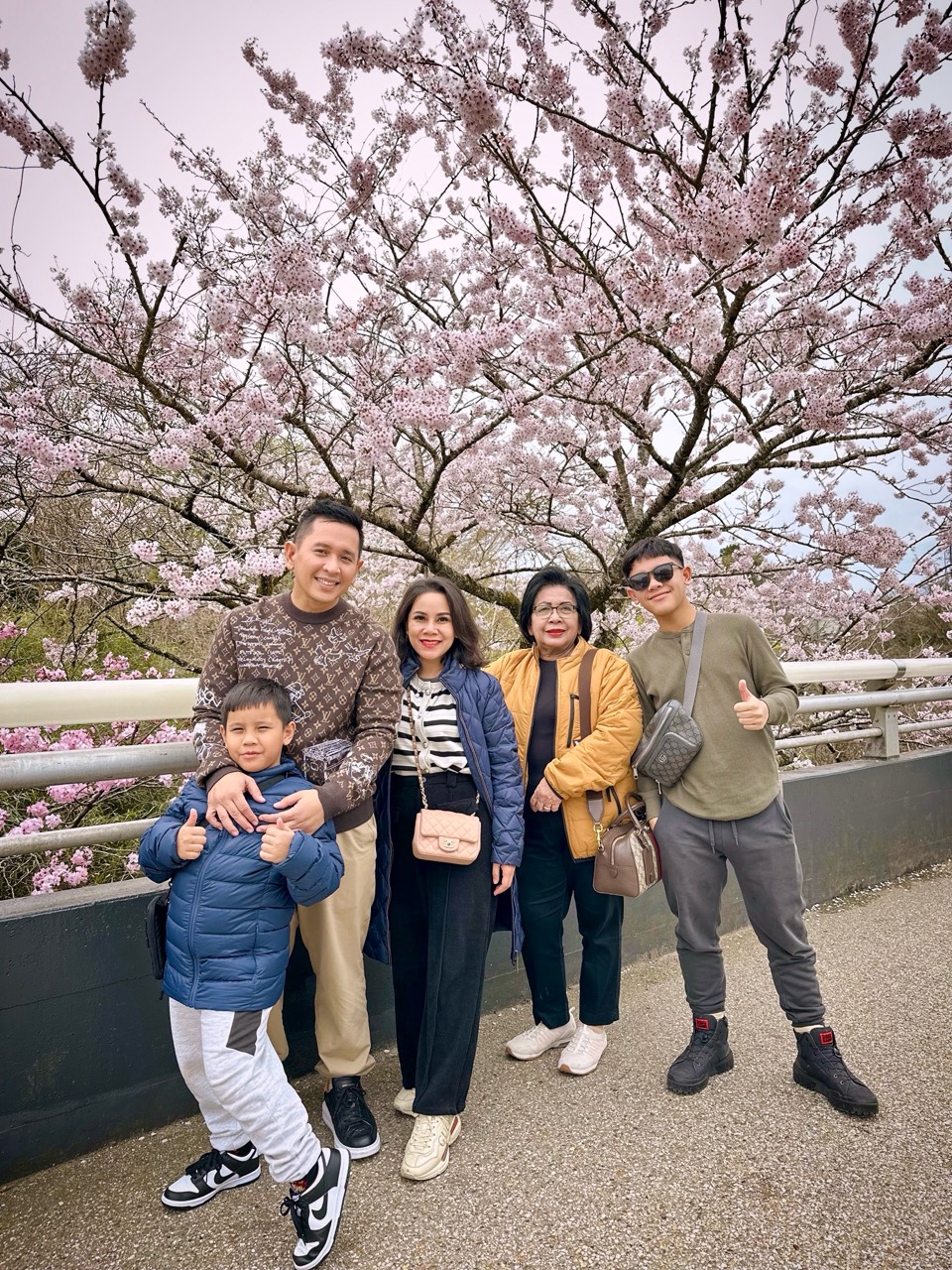 Keluarga Reinheart bersama nenek di bawah bunga sakura