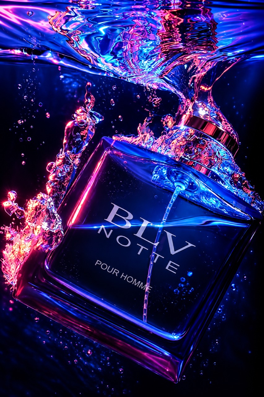 Karya fotografi produk dengan cahaya neon di dalam air